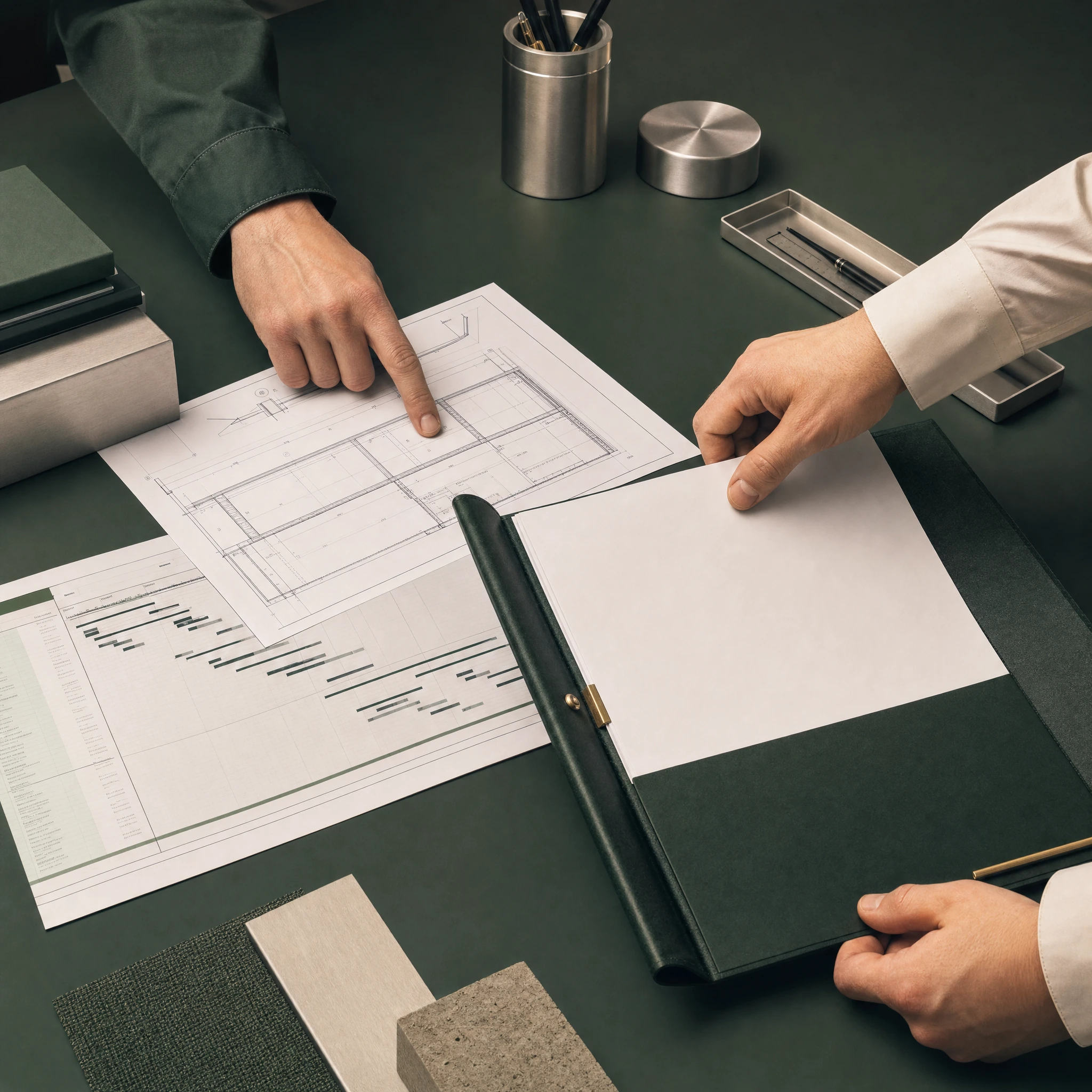 Illustration: entreprenör och rådgivare sammanställer anbudets handlingar